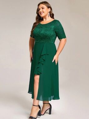 Miusol Emerald Green Lace Bodice Ruffle Midi Dress